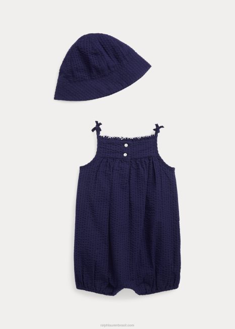 conjunto de calção e chapéu de bolha seersucker BD6J7803 bebê Ralph Lauren marinha refinada