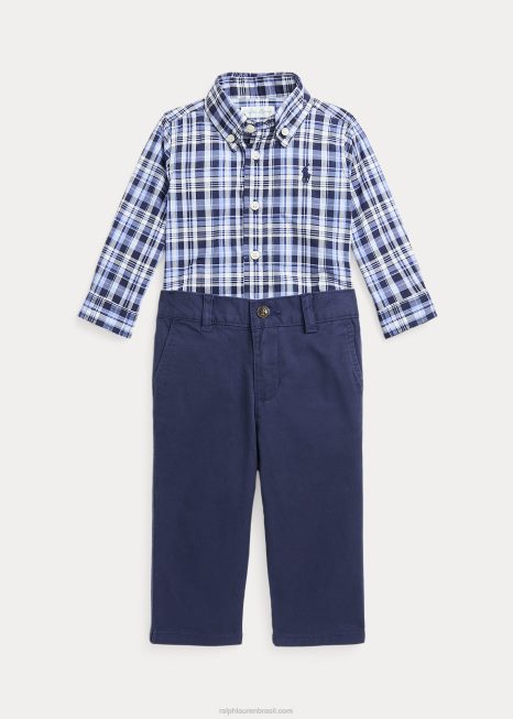 conjunto de camisa xadrez e calça chino BD6J8211 bebê Ralph Lauren marinho multi