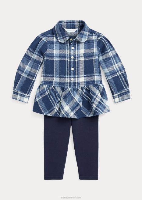 conjunto de legging e camisa de algodão xadrez BD6J8214 bebê Ralph Lauren xadrez azul/creme