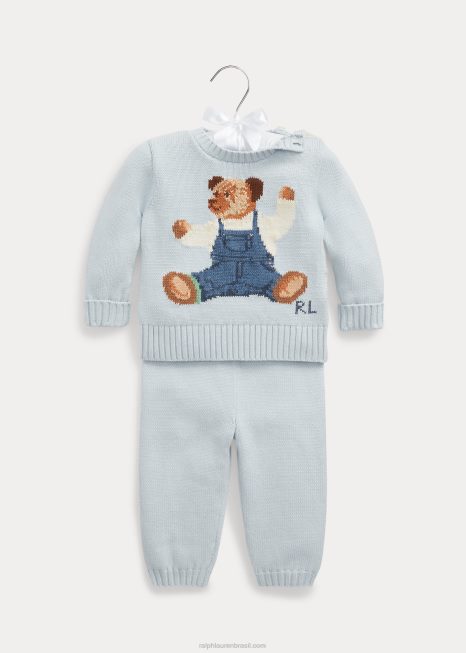 conjunto de suéter e calça de algodão de ursinho sentado BD6J7802 bebê Ralph Lauren berilo azul