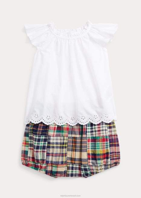 top de algodão com ilhós e conjunto de bloomer madras BD6J8190 bebê Ralph Lauren Madras