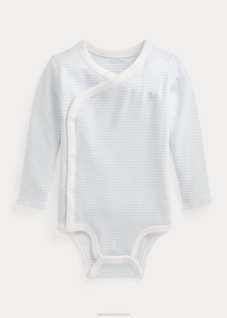 body listrado de algodão com decote em V BD6J8156 bebê Ralph Lauren berilo azul/branco