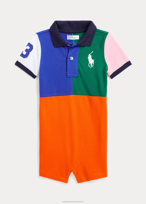 bermuda polo de malha de algodão big pony BD6J8145 bebê Ralph Lauren vela laranja multi