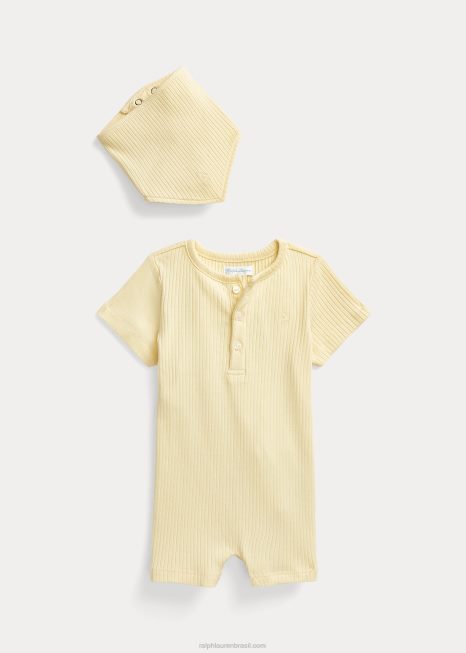 conjunto de short e babador em algodão canelado BD6J7833 bebê Ralph Lauren t-bird amarelo