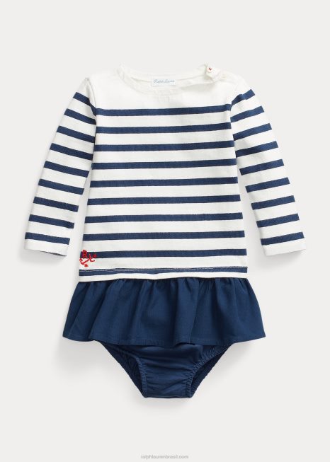 vestido de jersey de algodão listrado e bloomer BD6J8235 bebê Ralph Lauren deckwash branco multi