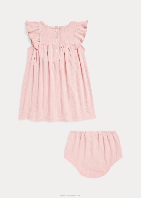 vestido e calça de algodão em pontoelle BD6J7862 bebê Ralph Lauren rosa Adirondack