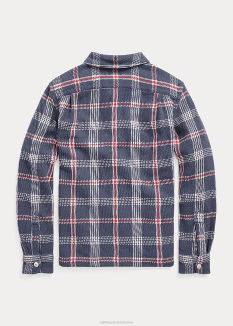 camisa de acampamento dobby de algodão xadrez madras BD6J6191 crianças Ralph Lauren marinho/off white multi