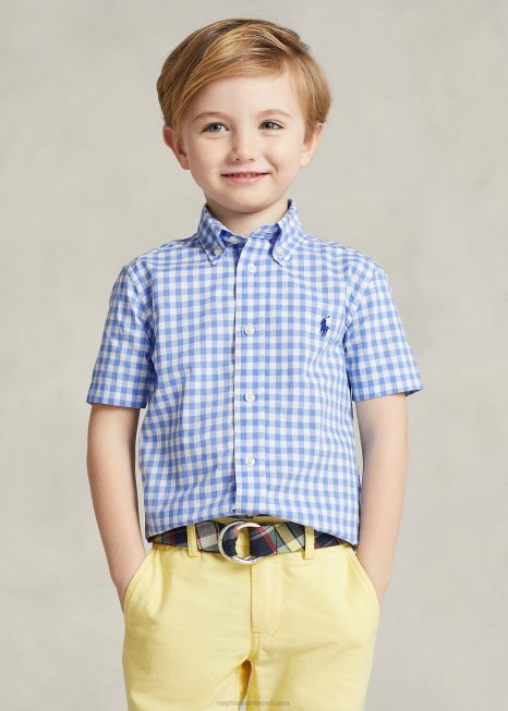 camisa de manga curta de popeline de algodão guingão BD6J6425 crianças Ralph Lauren Branco azulado
