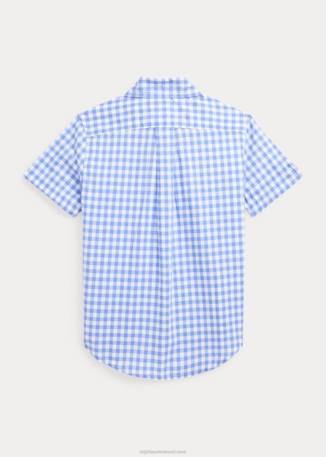 camisa de manga curta de popeline de algodão guingão BD6J6425 crianças Ralph Lauren Branco azulado