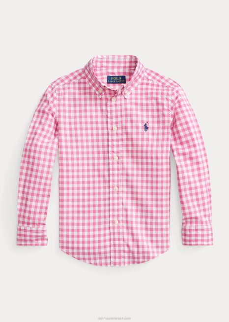camisa de popeline de algodão guingão BD6J6423 crianças Ralph Lauren resort rosa/branco