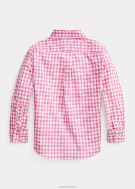 camisa de popeline de algodão guingão BD6J6423 crianças Ralph Lauren resort rosa/branco