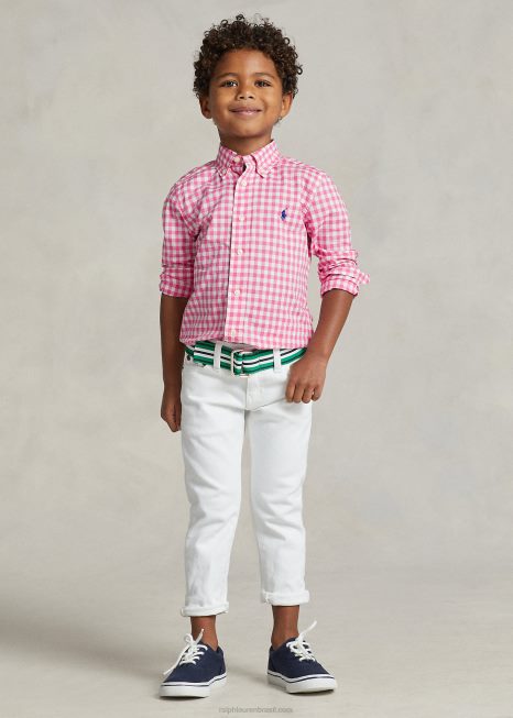 camisa de popeline de algodão guingão BD6J6423 crianças Ralph Lauren resort rosa/branco