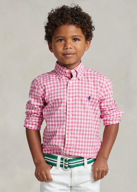 camisa de popeline de algodão guingão BD6J6423 crianças Ralph Lauren resort rosa/branco