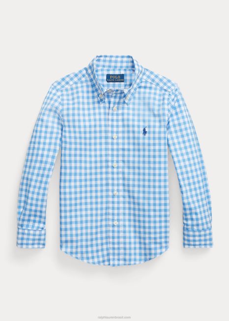 camisa de popeline de algodão guingão BD6J6424 crianças Ralph Lauren Branco azulado