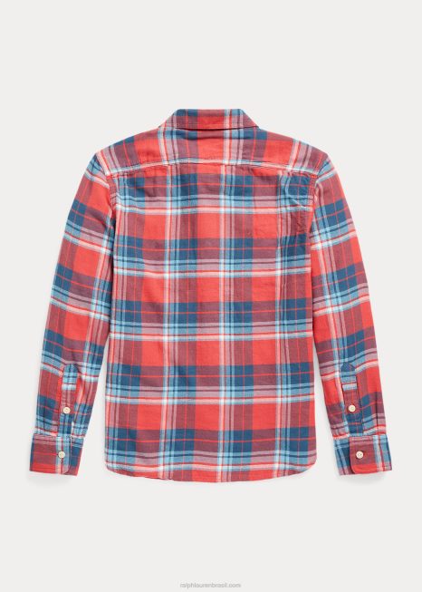 camisa de trabalho de sarja de algodão desempenho xadrez BD6J9931 crianças Ralph Lauren multi vermelho/azul