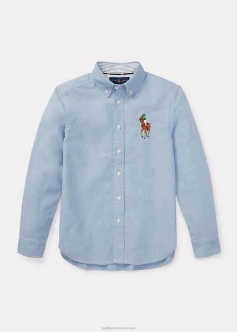 camisa oxford de algodão big pony BD6J6307 crianças Ralph Lauren azul