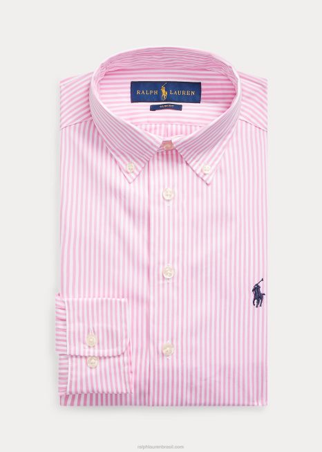 camisa social listrada de algodão slim fit BD6J9857 crianças Ralph Lauren rosa multi
