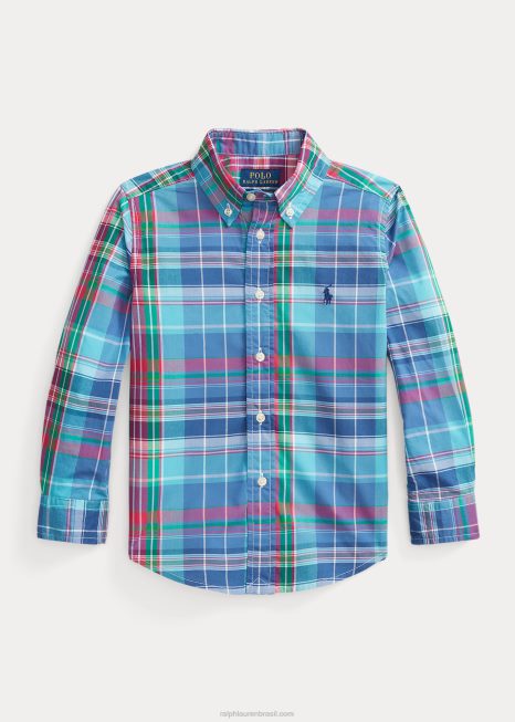 camisa xadrez de popeline de algodão BD6J6429 crianças Ralph Lauren turquesa/rosa escuro