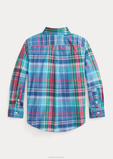 camisa xadrez de popeline de algodão BD6J6429 crianças Ralph Lauren turquesa/rosa escuro