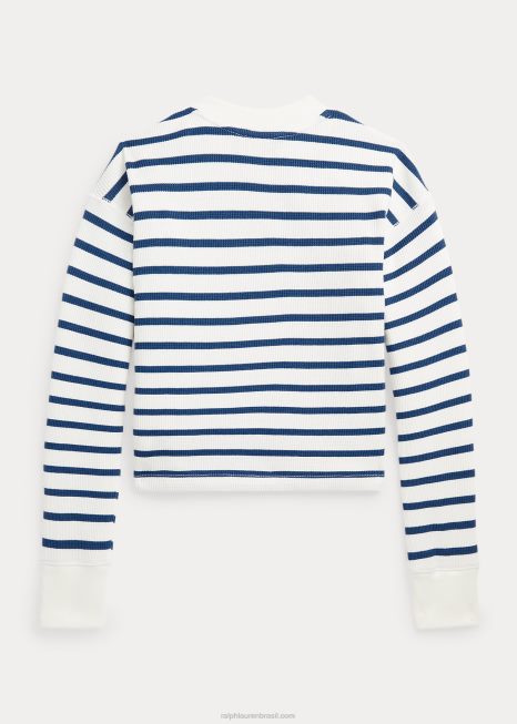 camiseta boxy listrada em malha waffle BD6J7581 crianças Ralph Lauren deckwash branco multi