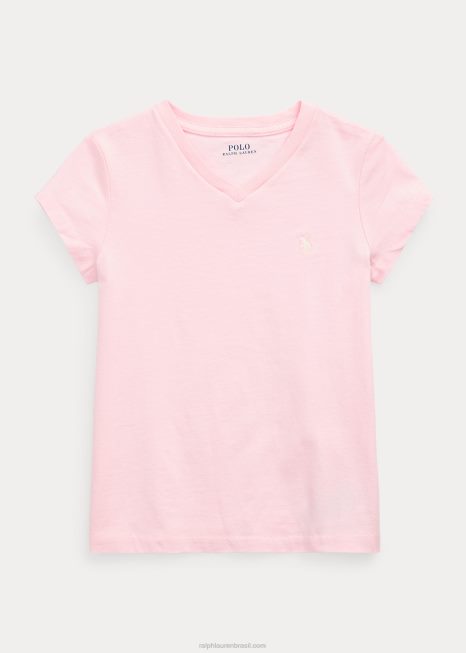 camiseta com decote em V em jersey de algodão BD6J6914 crianças Ralph Lauren toque de rosa