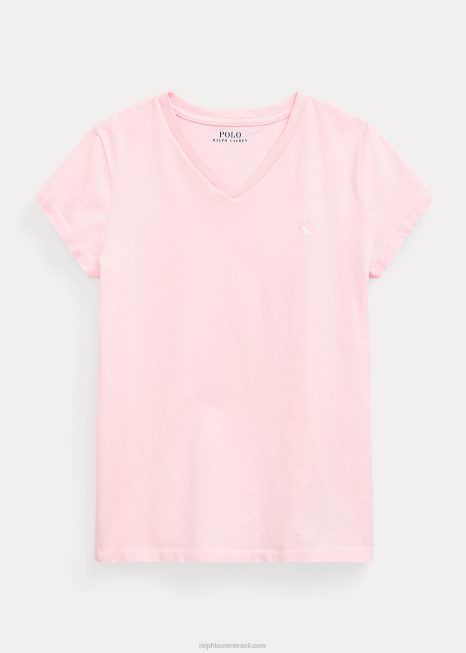 camiseta com decote em V em jersey de algodão BD6J7214 crianças Ralph Lauren toque de rosa