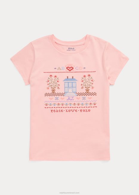 camiseta de malha de algodão bordada BD6J7596 crianças Ralph Lauren areia rosa