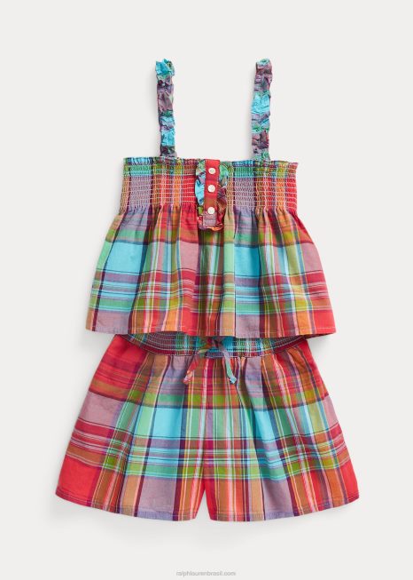 conjunto curto de madras de algodão BD6J9939 crianças Ralph Lauren vermelho multi