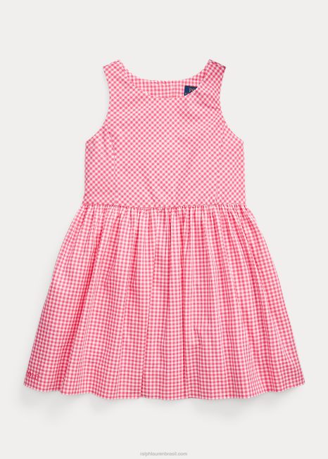 vestido de popeline de algodão guingão BD6J7375 crianças Ralph Lauren rosa/branco