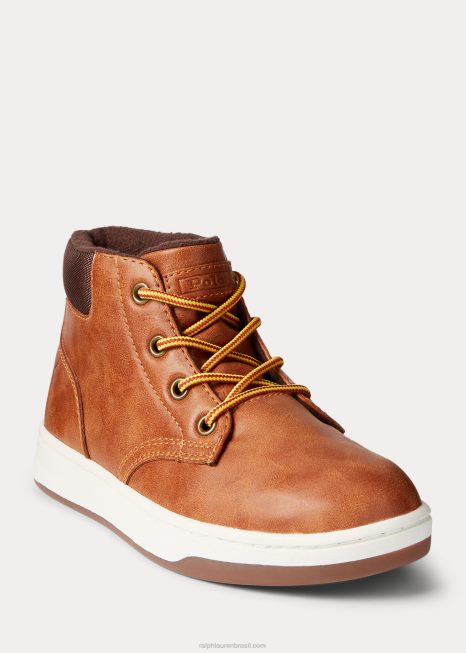 Bota tênis de couro sintético quadra polo BD6J9893 crianças Ralph Lauren bronzeado polido