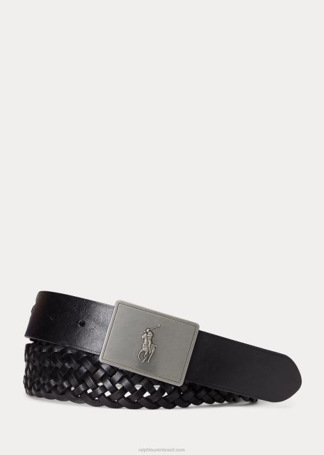 cinto de couro trançado placa pônei BD6J2407 homens Ralph Lauren preto