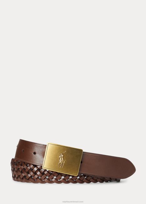 cinto de couro trançado placa pônei BD6J2408 homens Ralph Lauren marrom