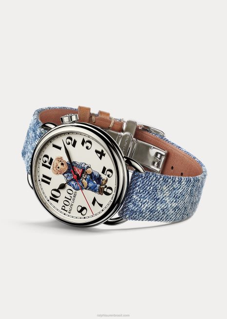 Relógio de urso polo com bandeira jeans de 42 mm BD6J2800 homens Ralph Lauren mostrador branco