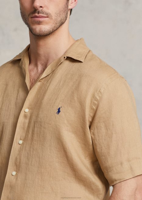 camisa de acampamento de linho BD6J1498 homens Ralph Lauren cáqui vintage