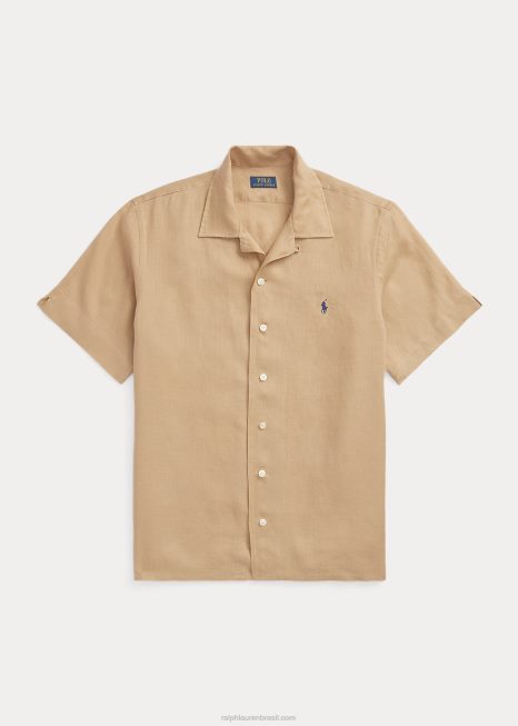 camisa de acampamento de linho de ajuste clássico BD6J640 homens Ralph Lauren cáqui vintage