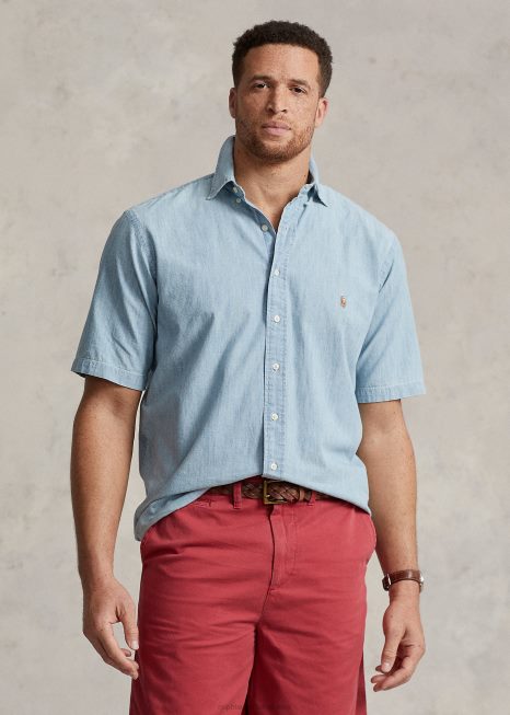 camisa de cambraia BD6J1429 homens Ralph Lauren índigo claro