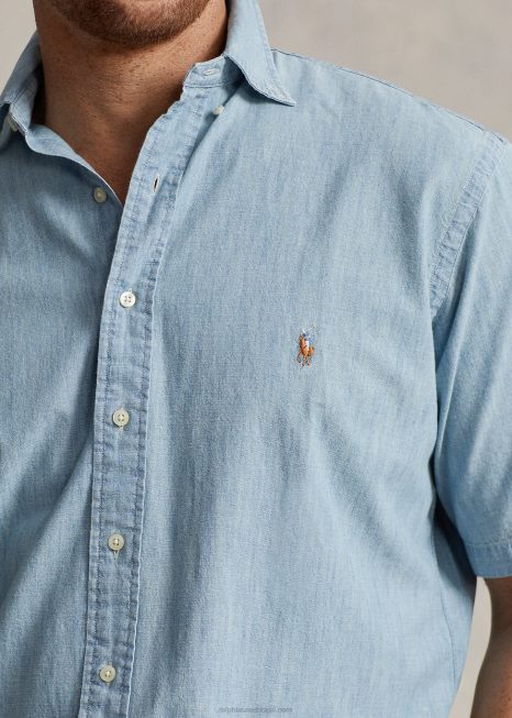 camisa de cambraia BD6J1429 homens Ralph Lauren índigo claro