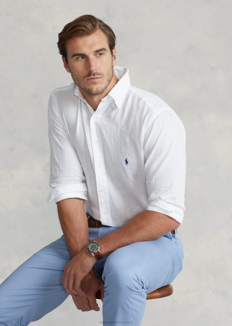 camisa de linho leve BD6J1550 homens Ralph Lauren branco
