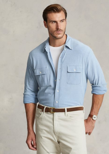 camisa de malha cambraia BD6J1360 homens Ralph Lauren índigo claro
