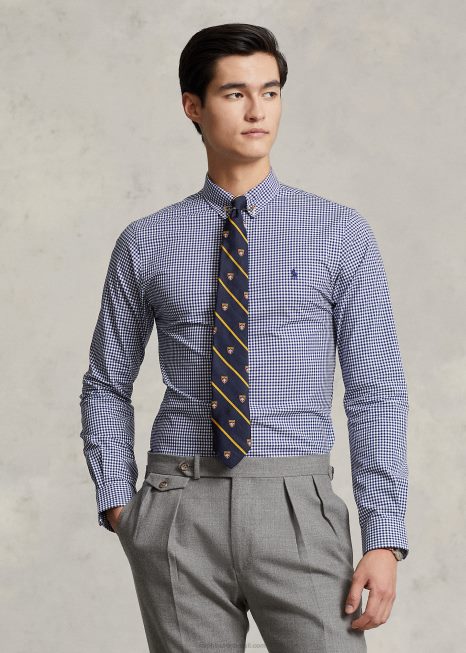 camisa de popelina stretch slim fit guingão BD6J813 homens Ralph Lauren marinho/branco