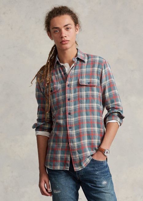 camisa de trabalho de linho xadrez de ajuste clássico BD6J1149 homens Ralph Lauren verde/off white mult