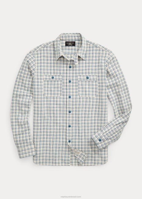 camisa de trabalho xadrez BD6J1731 homens Ralph Lauren creme/azul