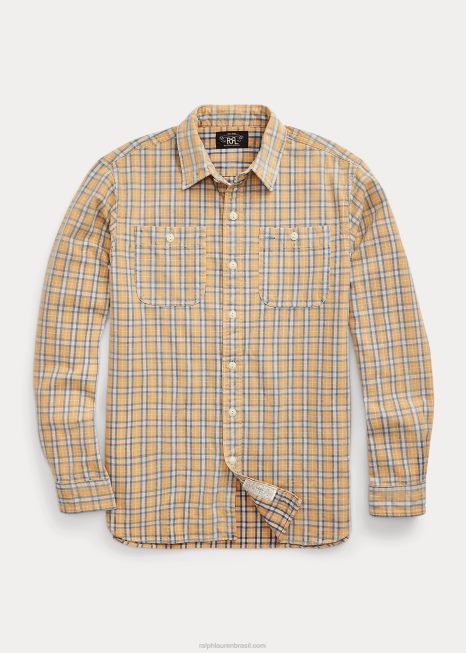 camisa de trabalho xadrez BD6J1736 homens Ralph Lauren bege/índigo