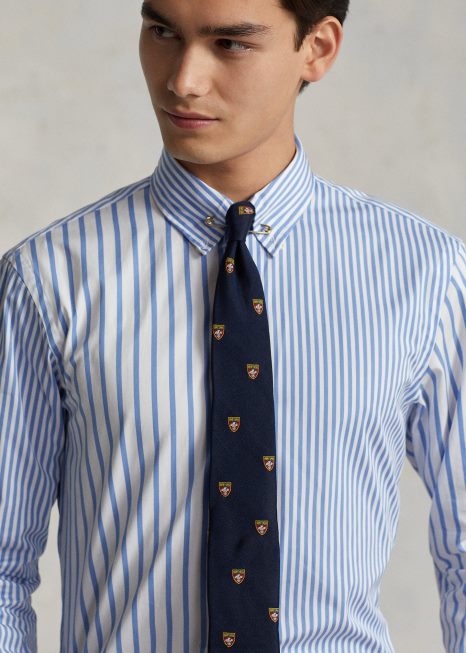 camisa divertida de popeline listrada de ajuste personalizado BD6J1098 homens Ralph Lauren camisa social azul