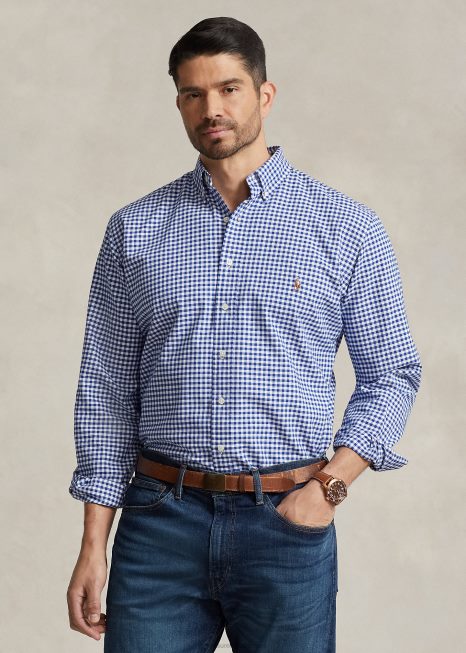 camisa xadrez oxford BD6J1839 homens Ralph Lauren guingão azul/branco