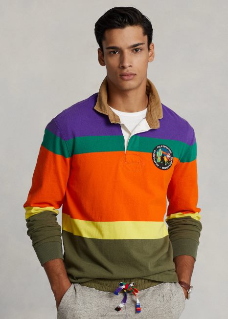 camisa de rugby de jérsei listrada de ajuste clássico BD6J8480 homens Ralph Lauren cacto roxo multi