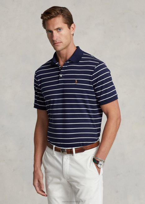 camisa pólo de algodão macio de ajuste clássico BD6J143 homens Ralph Lauren marinho refinado/branco