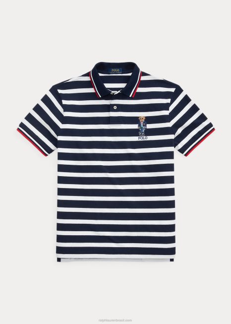 camisa polo de malha de urso slim personalizada BD6J675 homens Ralph Lauren azul marinho/branco