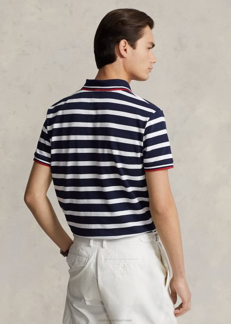 camisa polo de malha de urso slim personalizada BD6J675 homens Ralph Lauren azul marinho/branco