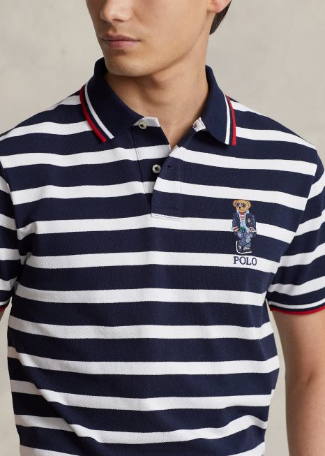 camisa polo de malha de urso slim personalizada BD6J675 homens Ralph Lauren azul marinho/branco